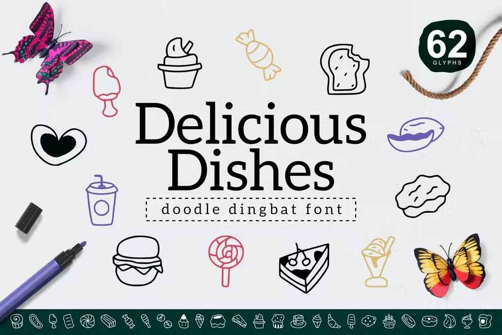 Delicious Dishes Dingbat Font free download – Decorative Fonts font preview image for Windows and Mac